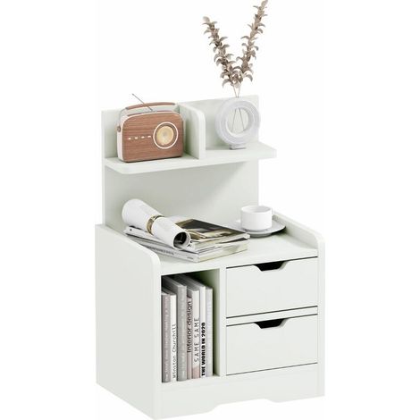 Table de chevet en bois blanc avec 2 tiroirs et niche de rangement,idéale pour une chambre moderne et élégante