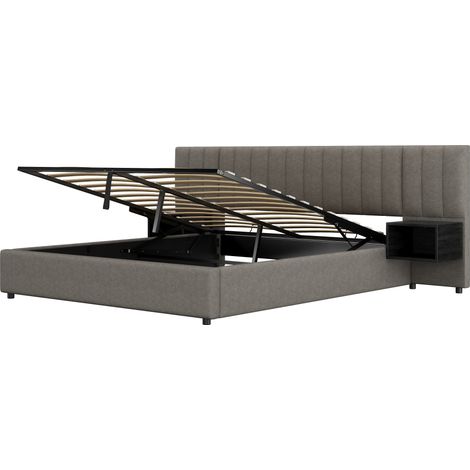Cama con arcón 180 x 200 cm de lino gris con 2 mesitas, somier de lamas de madera (1/5)