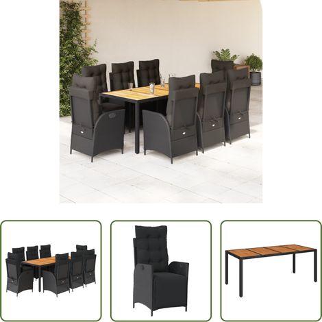 Gartentisch - 9-tlg. Garten-Essgruppe mit Kissen Schwarz Poly Rattan (1/5)