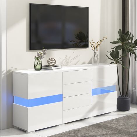 MODFU – Mueble TV aparador 140x35x72 cm de MDF blanco con LED controlable por app, 2 puertas y 4 cajones, para TV hasta 65" – Blanco (1/5)