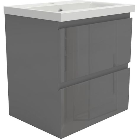 AICA Wall Hung 500mm Bathroom Vanity Unit Only Cabinet Gloss Grey 2 Drawers Flat Pack