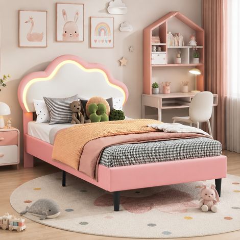 Lit capitonné 90×200cm avec lumière LED, lit simple enfant, tête de lit nuage réglable, lit fille, style princesse moderne, sommier à lattes, lit ado, PU, Beige (1/5)