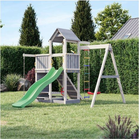 Parco Giochi in Legno Torre Scivolo Altalena Sabbiera Bianco Grigio (1/5)
