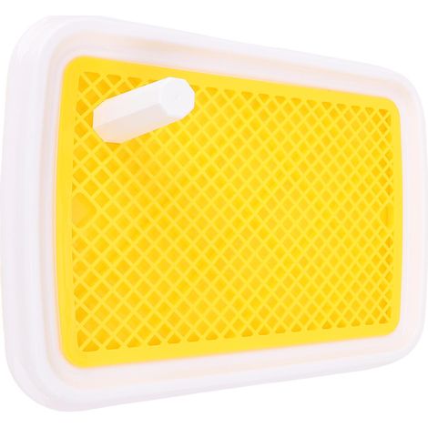 Bac à litière pour chien avec clôture haute, anti-odeurs et facile à nettoyer, en plastique jaune. Support pour tapis de propreté pour petits chiens. (1/5)