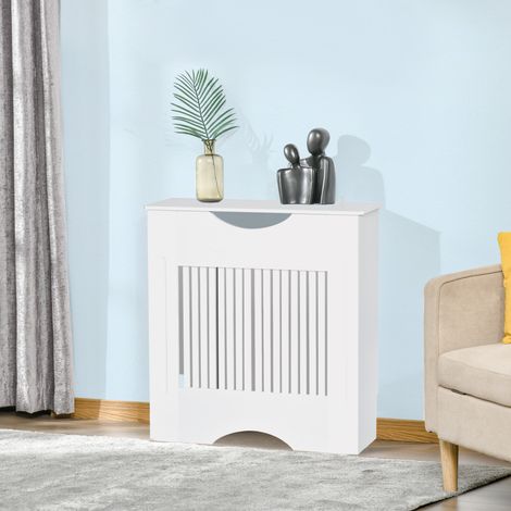 Cache-radiateur en MDF blanc avec étagère et système anti-basculement. 78 x 19 x 82 cm.