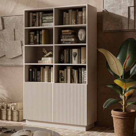 Librería Miniato, estantería con compartimentos abiertos y dos puertas, diseño moderno y minimalista, 172x40 h100 cm, beige (1/5)