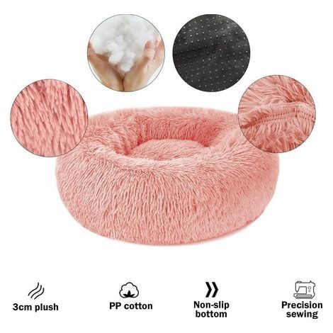 Runder, weicher Hunde- und Katzenkorb - Beruhigendes Anti-Stress-Plüschkissen für Katzen und Hunde, bequemes, waschbares Donut-Bett für kleine und mittelgroße Katzen und Hunde (rosa, 60 cm) (1/4)
