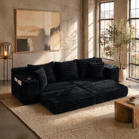 Canapé convertible velours côtelé noir avec poches OKMYHOME (1/5)