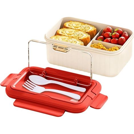 Boîte à lunch bento pour adultes - 1100 ml - Avec cuillère et fourchette - Format repas en déplacement - Rouge (1/5)