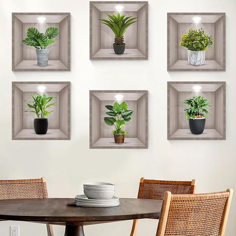 Stickers muraux végétaux 6 feuilles, vert réaliste plantes en pot imperméable mur Art autocollant vinyle 3D autocollant mural autocollant salon chambre salle de bains cuisine décoration de bureau (1/5)