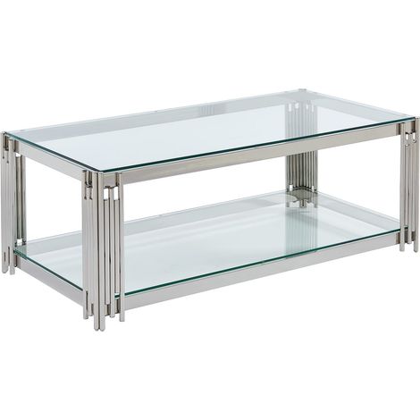 Pascal Morabito – Table basse fixe en verre trempé 8mm – Acier inoxydable chromé – 123.5x63.5x45.5 cm – Étagère intégrée – Charge 75 kg