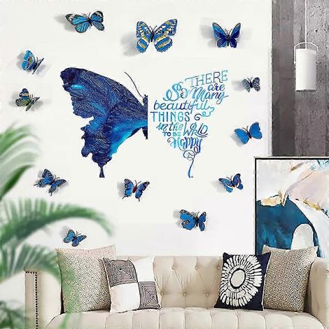 Stickers muraux papillons bleus pour être heureux - Citations inspirantes - Décorations pour fenêtres - Fresques murales - Sticker décoratif (1/5)