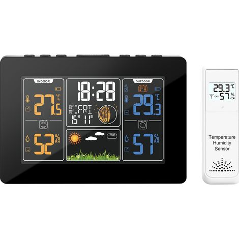 Station météo sans fil avec capteur extérieur DCF, équipée d'un écran couleur, d'un thermomètre numérique, d'un hygromètre et d'un affichage de l'heure, adaptée aux environnements intérieurs et extéri (1/5)