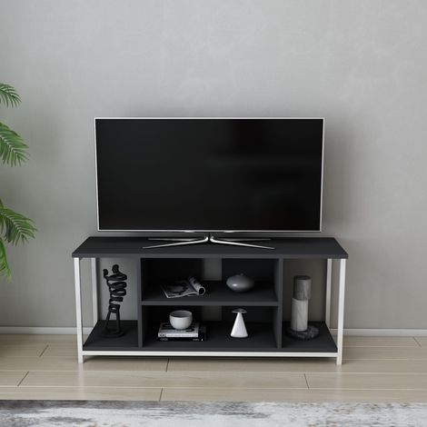 Meuble TV Rinaldo de 120 cm avec niches - cadre en métal (Blanc et Anthracite) (1/5)