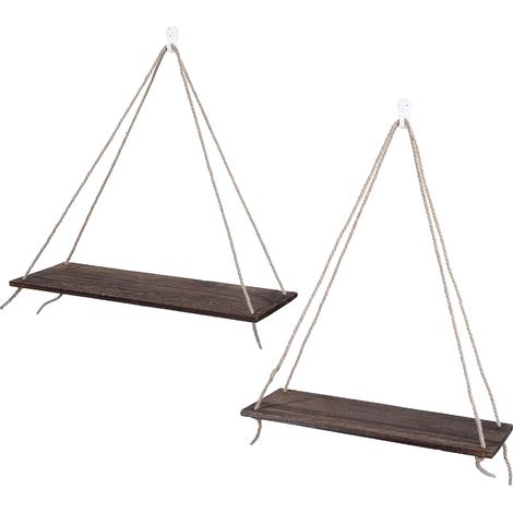 Lot de 2 étagères murales en bois avec corde pour suspendre pots de fleurs et plantes - Décoration intérieure - Style antique (1/5)