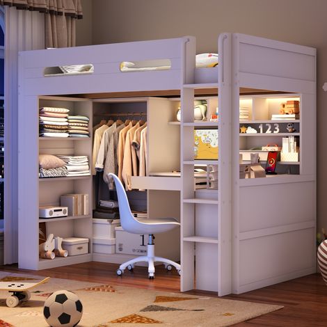 Lit mezzanine enfant 90x200 cm avec bureau, penderie ouverte, 1 tiroir, étagères, éclairage LED, USB, garde-corps, pin massif et MDF, blanc (1/5)
