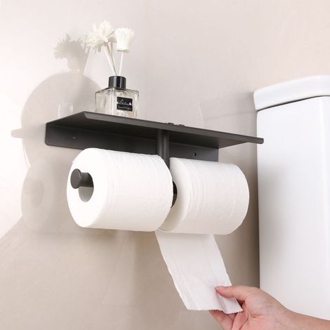 Porte Rouleau de Papier Toilette Hygiénique sans Perçage avec Etagère de Téléphone Portable Support Mural Double pour Salle de Bains (Noir) (1/2)