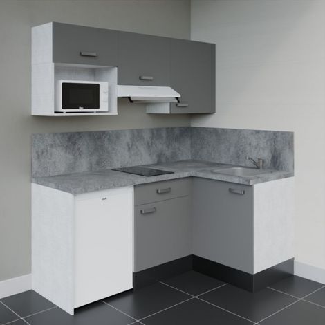 Kitchenette KA03 Gris - Plan de travail Gris béton - Crédence : Oui - Electroménager : Blanc (1/4)