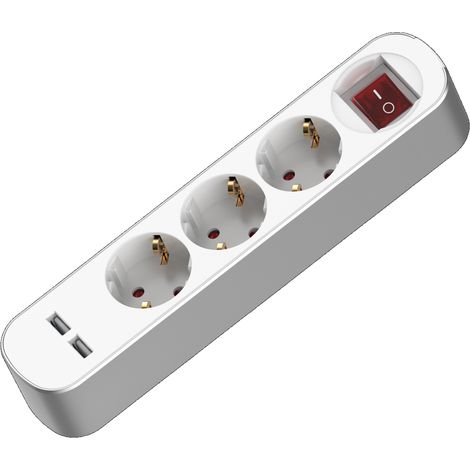Steckdosenleiste mit Verlängerungskabel, 3 Steckdosen, 2 USB-Anschlüsse, mit Schalter, 1,5 m, weiß