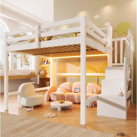 Cama alta 140x200 cm blanca de pino y MDF con iluminación LED y escalera con almacenaje (1/5)