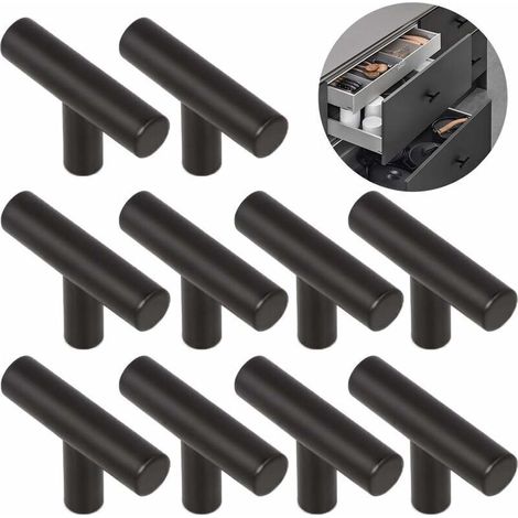 10 pièces poignée en alliage T brossé porte d'armoire à ouverture facile meubles monotrou, 5 x 1,2 x 3 cm - noir