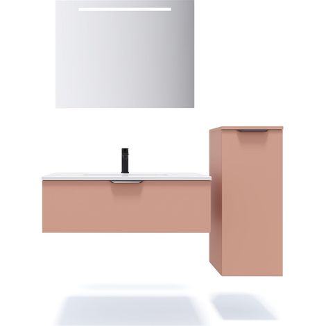 Meuble de salle de bain suspendu vasque intégrée 90cm 1 tiroir Abricot + miroir + colonne ouverture droite - Soho (1/5)