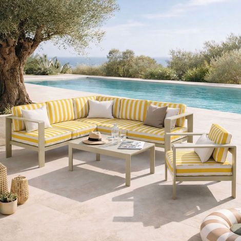 Salon de jardin 6 places en alu crème et house à rayures jaunes