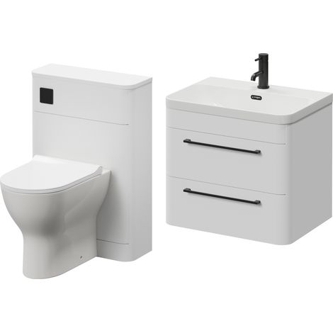 Oslo Gloss White 1150mm Wall Mounted Vanity Unit Toilet Suite with Fina Basin - 1150mm - Matt Black 320mm HandleWith Jubilee Toilet Pan and Seat