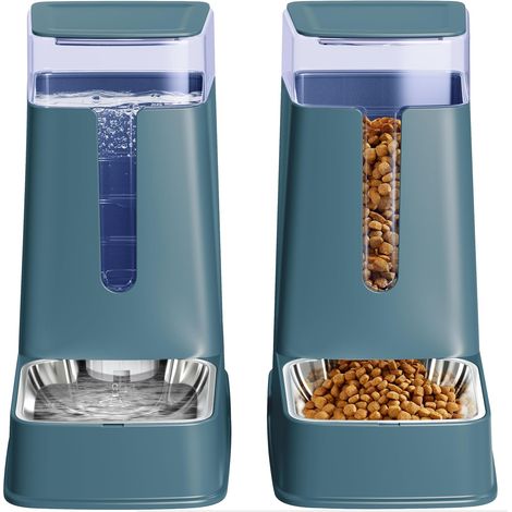 Food Dispenser and Water Dispenser Set for Cats and Dogs with Stainless Steel Bowls, Gravity Feed Dispenser for Dogs and Cats, 3.8L x 2
