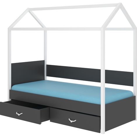 Lit enfant cabane bois pin blanc et gris graphite 90x200 avec 2 tiroirs de rangement Forka (1/5)
