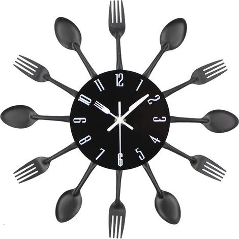 Horloge de cuisine à effet miroir avec cuillère et fourchette 32x32x4CM noir, autocollant 3D amovible pour la décoration de la maison (1/5)
