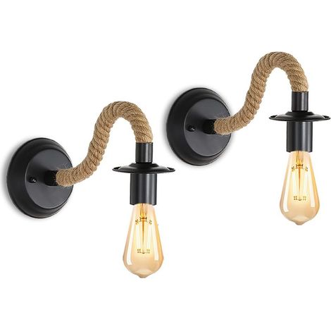 2Packs Applique Murale Vintage, Lampe Murale Corde de Chanvre, E27 Rétro Applique Murale Interieur pour Couloir Loft Chambre Café Bar (sans Ampoule) (1/5)