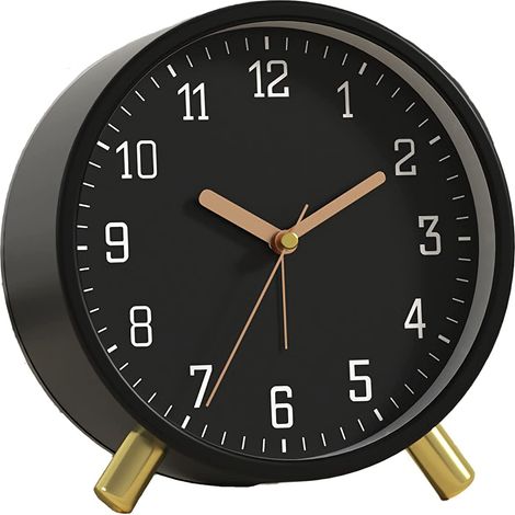 Réveil analogique 11,5 cm avec rétroéclairage, silencieux sans tic-tac, chiffres arabes, petit format, fonctionne sur pile, horloge ronde de table pour chambre et salon, noir (1/3)