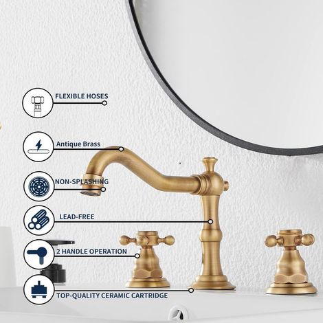 Mitigeur lavabo 3 trous vintage double poignée – Robinet large pour vasque de salle de bains – Installation murale 8 pouces – Adapté pour baignoire 3 orifices – Couleur chromé (1/5)
