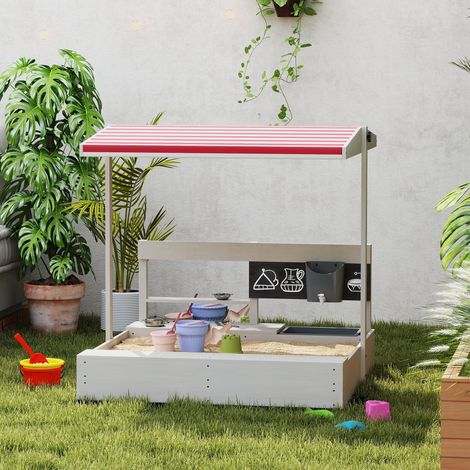Sandkasten aus Holz mit verstellbarem Dach und Spielküche, Spielset für Kinder von 3–7 Jahren, 114 x 110 x 110 cm, Grau
