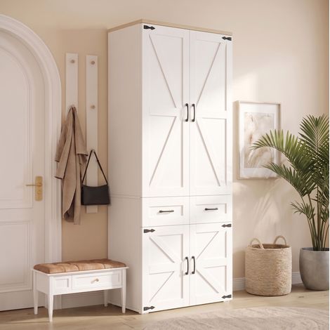 Armadio guardaroba 90x50x200 cm, 4 ante, 2 appendiabiti, 5 cassetti, stile rustico, MDF bianco (1/5)