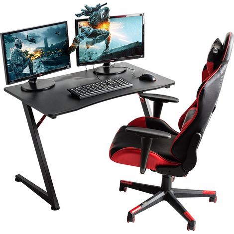 Bureau gamer ergonomique noir – Plateau finition 3D brillante – Pieds en acier pour résistance – Compatible 2 écrans (1/5)