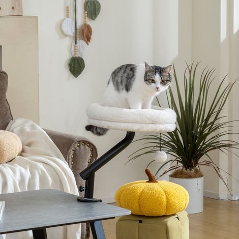 Lit de bureau pour chat, avec rotation à 360°, hauteur réglable, coussin amovible et lavable en machine, pour chats de moins de 6 kg, idéal pour la maison ou le bureau, blanc crème (1/5)