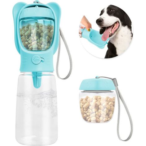 Portable Dog Water Bottle 550ml, Multifunctional Pet Water Bottle with 80ml Food Cup, Pets Travel Bottle, Puppy Water Dispenser Gourd (1/2)