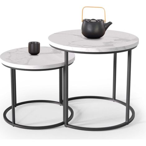 Conjunto mesa de centro Houston 951, Mármol blanco + Negro, 45x0x0cm, Diámetro: 53, MDF, Redonda