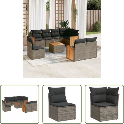 vidaXL Canapé jardin - Salon de jardin 9 pcs avec coussins gris résine tressée (1/5)