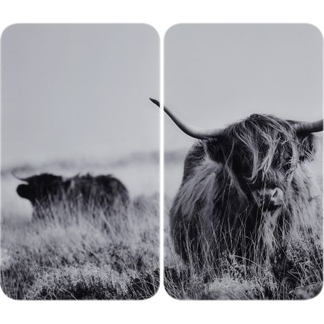 WENKO Coprifornelli Universale Mod. Highland Cattle, set da 2 - protezione per piano cottura e tagliere, Vetro temperato, 30 x 1.8 x 52 cm, Multicolore (1/5)