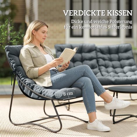 Ensemble de jardin 4 places, 2 fauteuils, 1 canapé double, 1 table, coussins épais, cadre en acier, pour terrasse, gris (1/5)