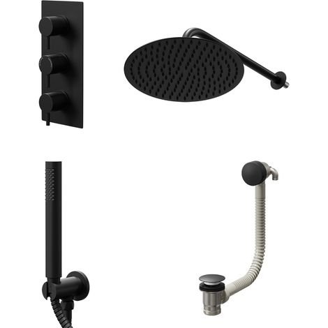 Colore Round Matt Black Concealed Triple Thermostatic Shower Valve with Diverter and 300mm Fixed Head with 345mm Wall Arm and Outlet Holder with Kit and Free-Flow Bath Filler - 3 Outlet (1/5)