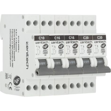 Zenitech – Pack de 5 disjoncteurs bipolaires 1x10A – 2x16A – 2x20A – Capacité de coupure 3KA – Compatible tous tableaux électriques