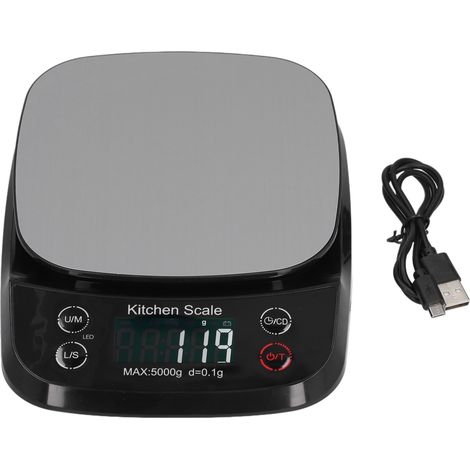 Balance de cuisine numérique rechargeable en acier inoxydable, pour peser les aliments (noir, 5 kg / 0,1 g). (1/5)