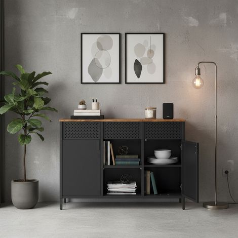 Armoire de Rangement, à Double Portes, Fermeture Magnétique, Étagères Réglables, Cadre en Acier, Marron et Noir (1/5)