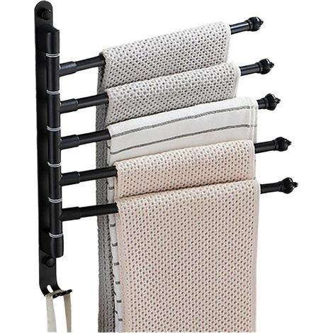 Schwenkbarer Handtuchhalter mit Haken, 5 Stangen, klappbare Arme, Wandmontage, Aluminium