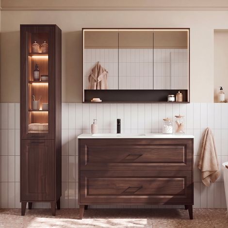 Conjunto de mueble con lavabo empotrado simple a la izquierda de 120 cm, columna y armario con espejo en color Moka, mad (1/4)
