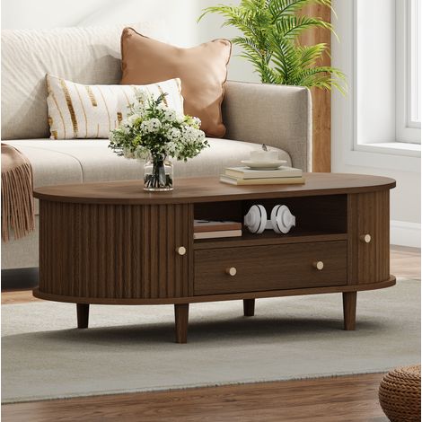 Mesa baja ovalada con 1 cajón, espacio de almacenamiento abierto y puerta tambor, diseño moderno, en MDF, marrón oscuro, 100x50x36 cm (1/5)